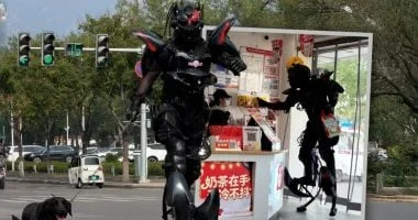 الساعى الحديدى: صاحب مطعم يلبس بدلة آلية لتوصيل الطعام فى الصين 