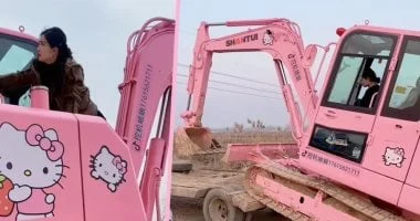 سائقة صينية تصبغ حفارتها بالوردي على طراز هيلو كيتي 